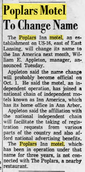 Poplars Motel (Clarion Pointe East) - Sept 1962 Changes To Inn America